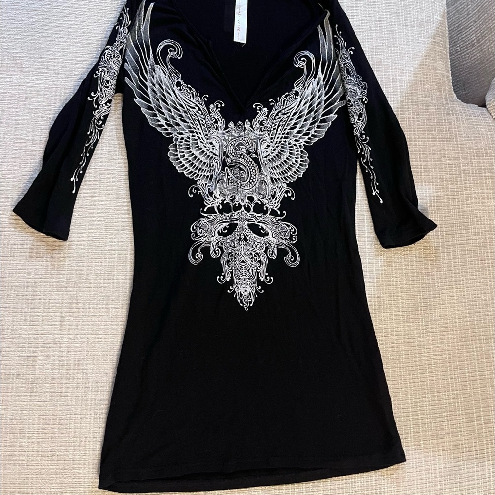 S-Twelve Black Long Sleeve Top with Silver Design